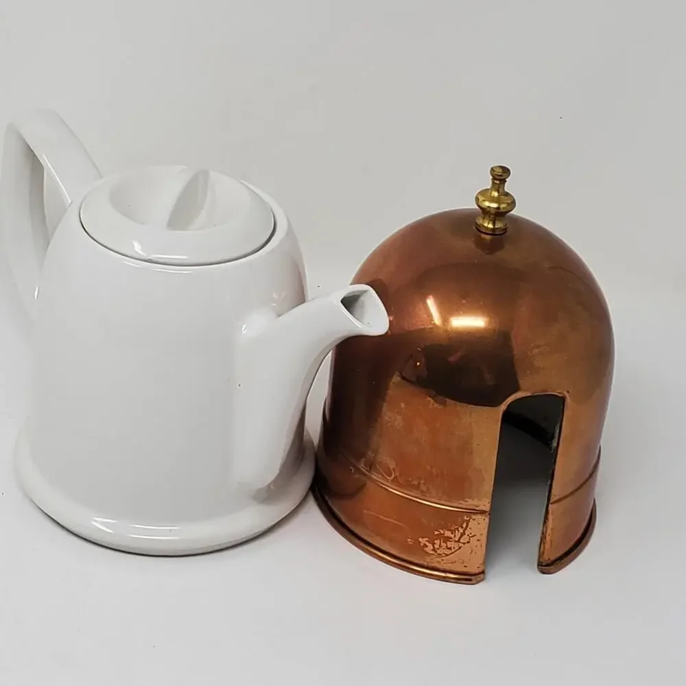 Mid Century Modern Copper insulated white porcelain tea pot 3.5 Cup